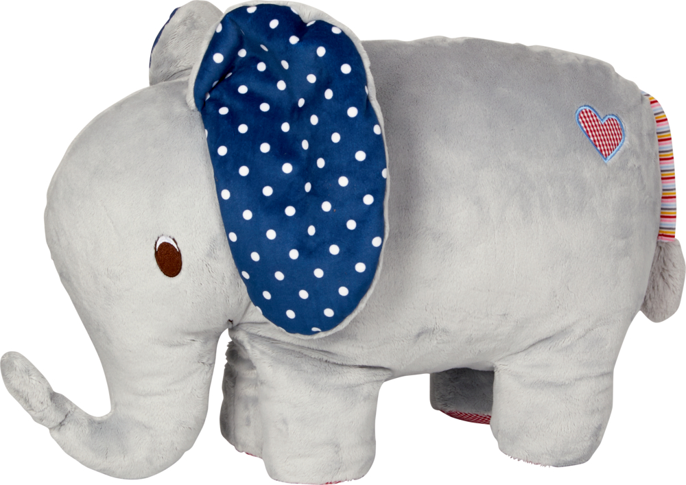 Grauer Plüschelefant mit blauen gepunkteten Ohren und einem kleinen Herzaufnäher an der Seite.
