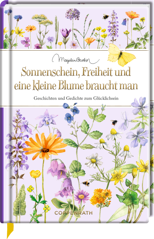 Buchcover mit illustrierte Wildblumen, Bienen & Schmetterlinge und dem Titel in Gold auf weißem Grund "Sonnenschein, Freiheit und eine kleine Blume braucht man".