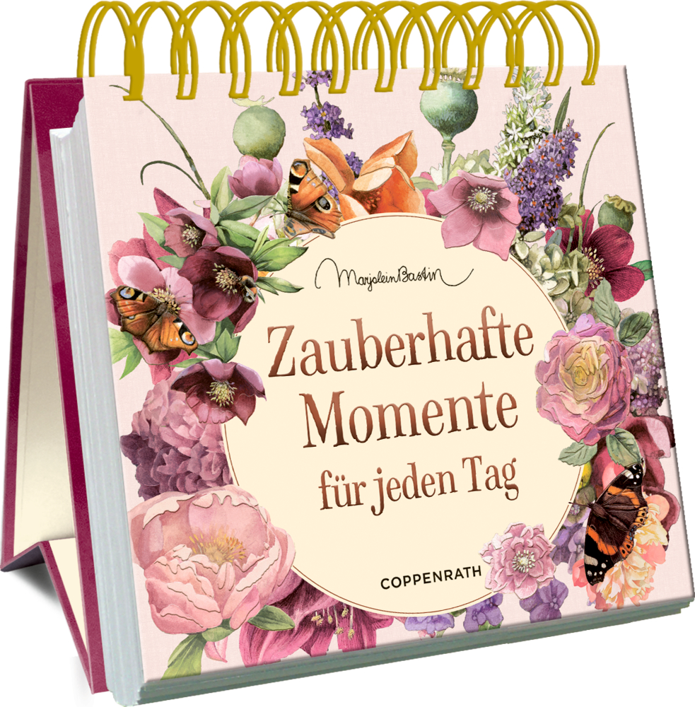 Blumen-Spiralaufstellbuch mit Schmetterlingen und dem Titel „Zauberhafte Momente für jeden Tag“.