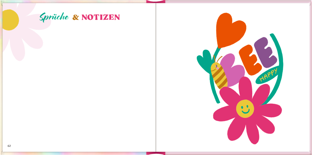 Aufgeschlagenes Buch: Linke Seite „Sprüche & Notizen“, rechte Seite: Biene, Blumen, Herz und „SEE HAPPY“.