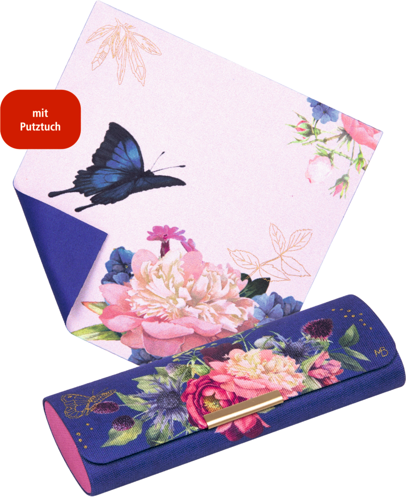 Blaues Brillenetui mit floralem Muster und passendem Putztuch mit Blumen- und Schmetterlingsmotiv.