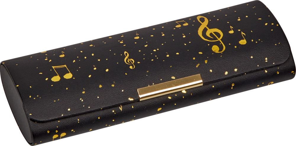 "Schwarzes Brillenetui mit goldenen Musiknoten und Sprenkeln sowie goldenem Metallverschluss."