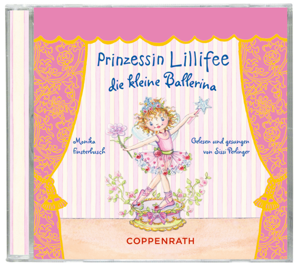 Ballerina-Prinzessin in Pink mit Zauberstab auf der Bühne mit Vorhängen und Blumendekor. CD-Cover-Design.
