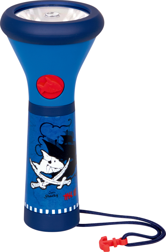 "Blaue Taschenlampe mit Piratenhai, rotem Knopf und Handschlaufe mit rotem Kunststoffclip."