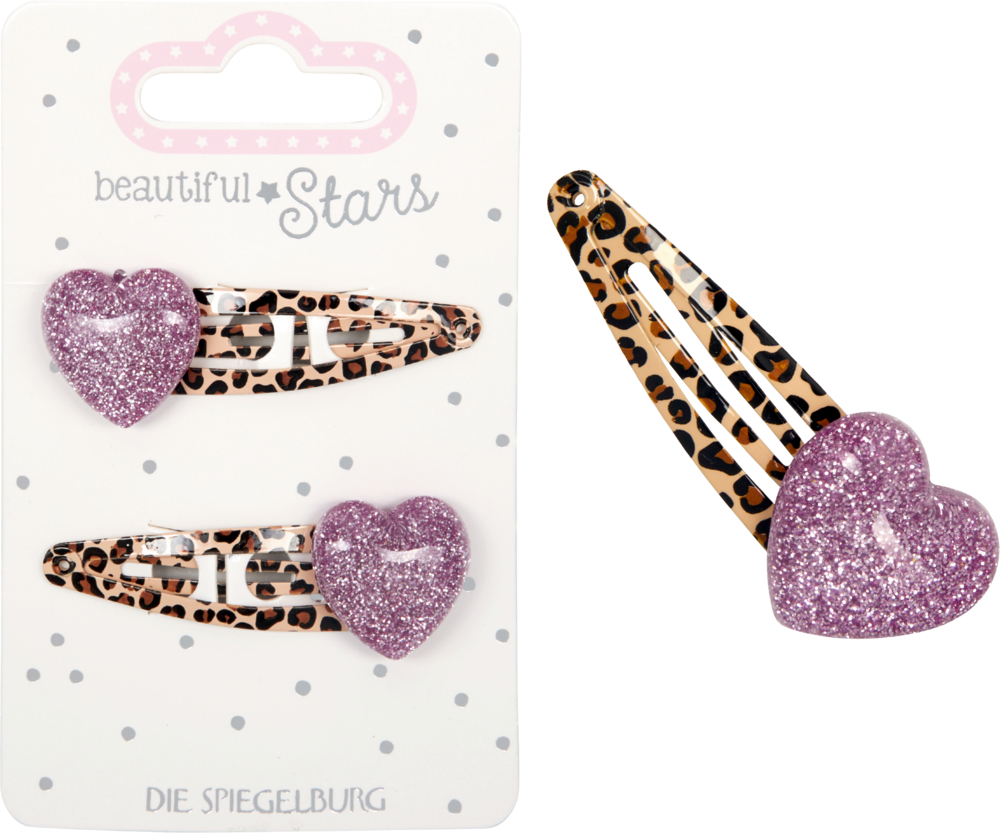 Zwei Haarspangen mit Leopardenmuster und lila Glitzerherzen auf einer Displaykarte. mit der Aufschrift „Beautiful Stars“.