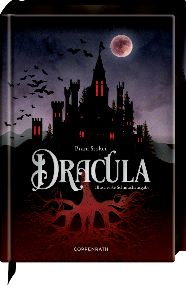 Gotische Burg bei Nacht mit Fledermäusen, Vollmond und „Dracula“ von Bram Stoker als Buchcover-Design.