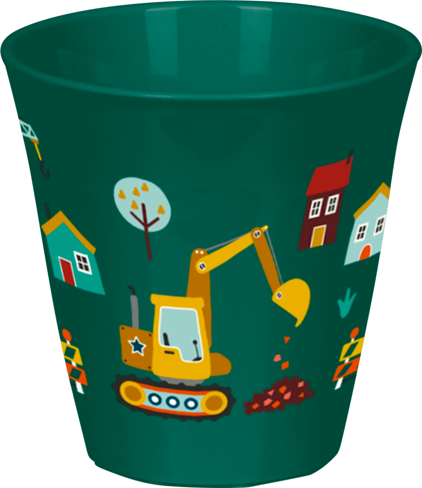 Grüner Becher mit gelben Illustrationen von Baggern, Häusern, Bäumen und Straßenbaukegeln.