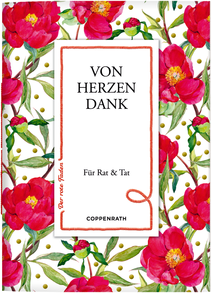 Buchumschlag mit roten Blumen, grünen Blättern, goldgepunktetem Hintergrund und Text in der Mitte.