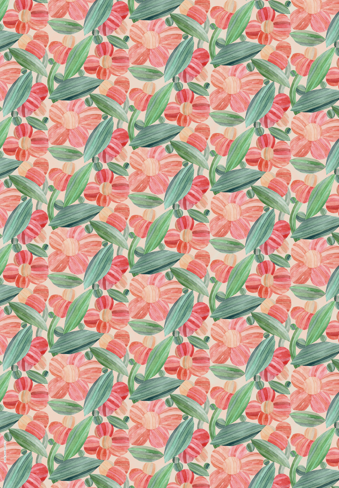 Rote und rosa Aquarellblumen mit grünen Blättern bilden ein nahtloses Muster auf hellem Hintergrund.