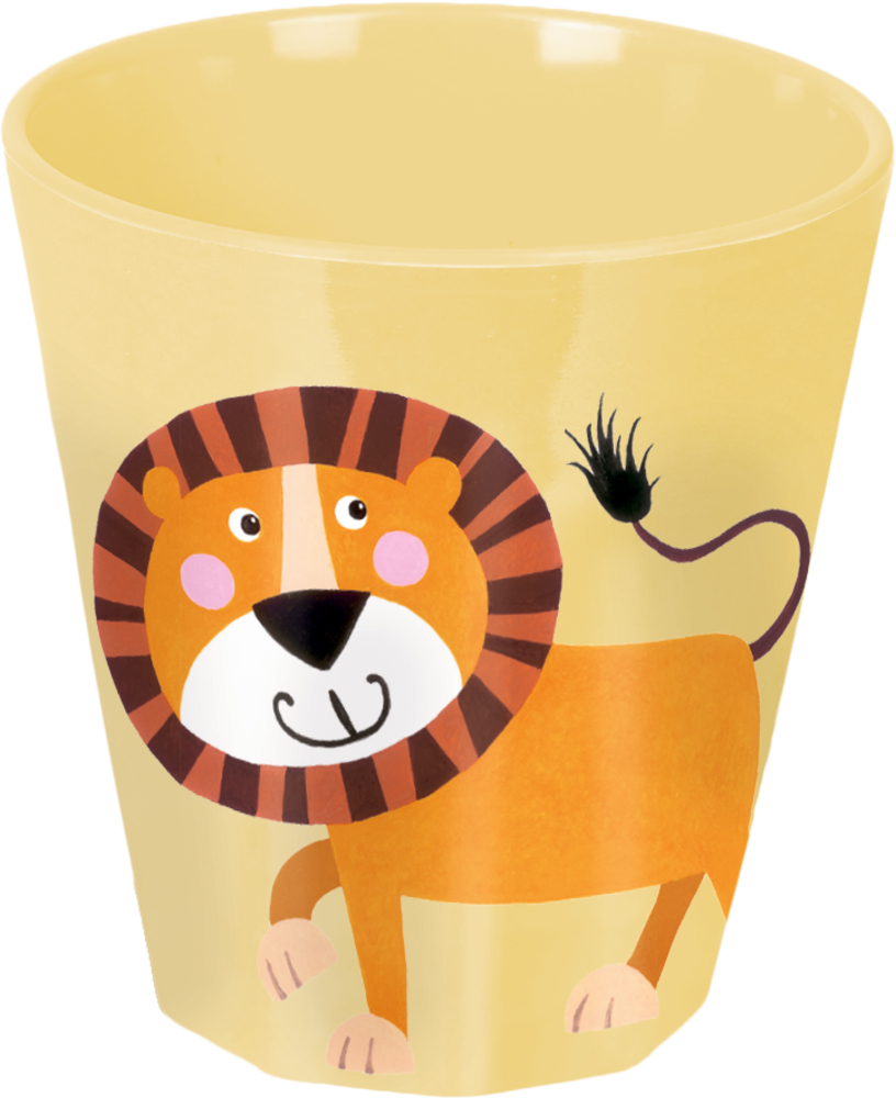 Gelber Becher mit einem süßen Cartoon-Löwen mit gestreifter Mähne und lächelndem Gesicht.