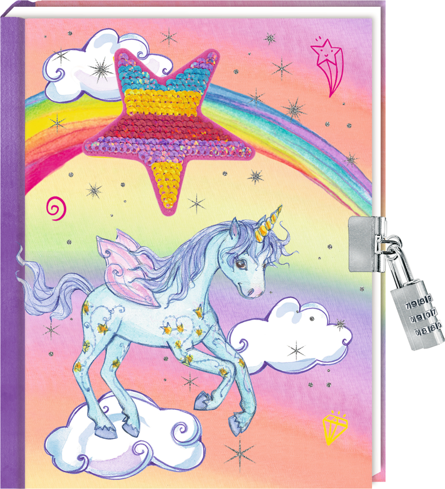 Pastellfarbenes Tagebuch-Cover mit Einhorn, Wolken, Regenbogen, Paillettenstern und silbernem Schloss.