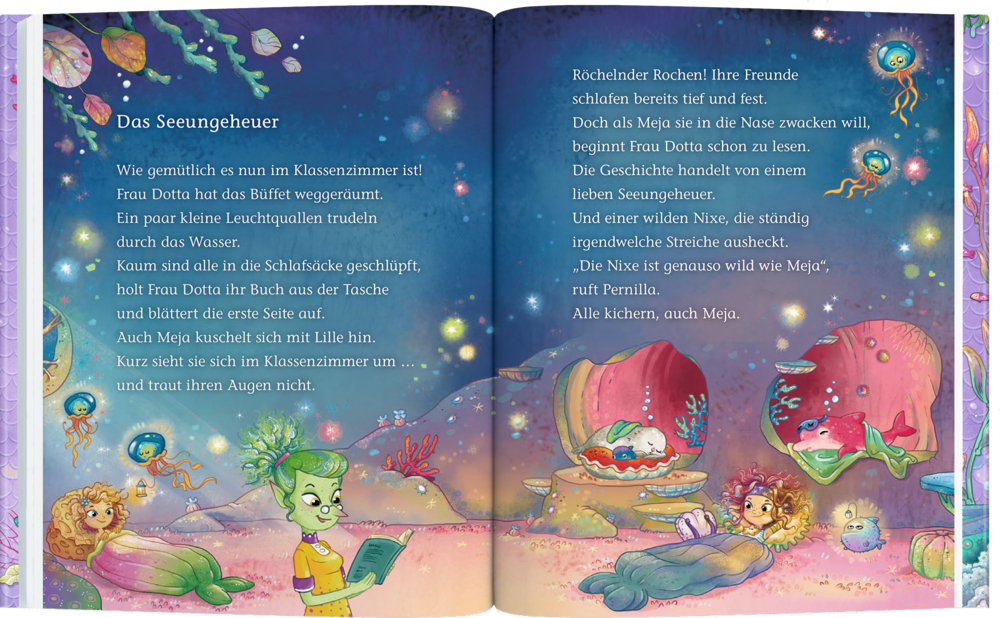 Eine Innenansicht mit  Text zeigt Kinder die unter Wasser mit Meeresbewohnern in einer lebendigen, magischen Meeresszene lesen.