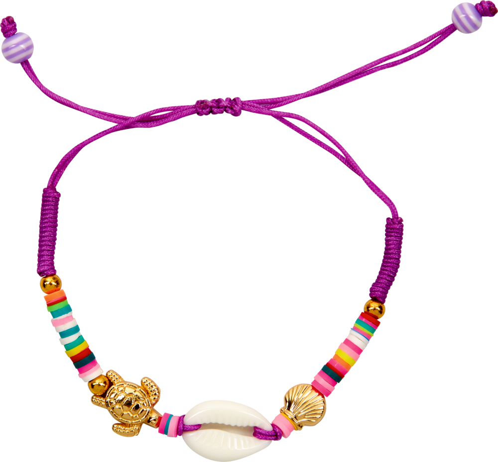 Lila Kordelarmband mit bunten Perlen, goldenen Schildkröten- und Muschelanhängern sowie einer Muschelperle.