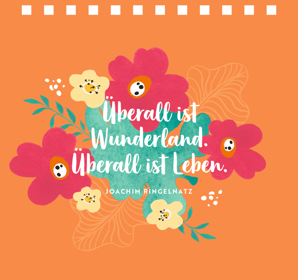 Orangefarbenes Spiralaufstellbuch mit roten und gelben Blumen und dem Titel "Überall ist Wunderland, überall ist Leben".