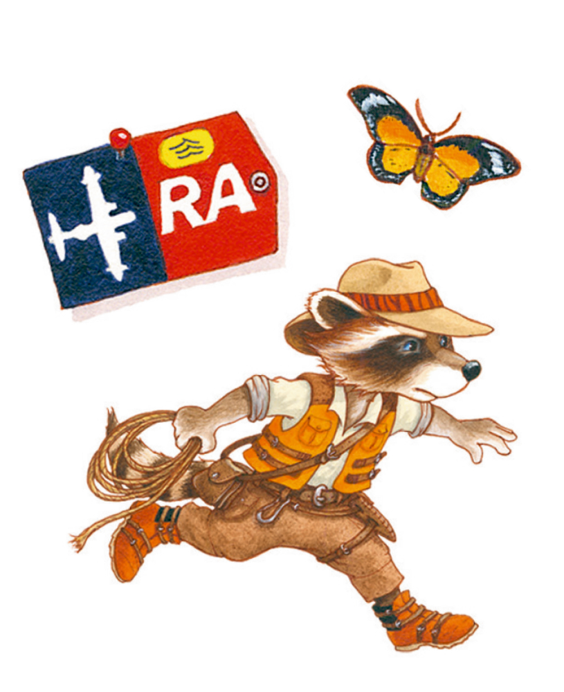 Rennender Waschbär in Abenteurer-Outfit und Schmetterling.