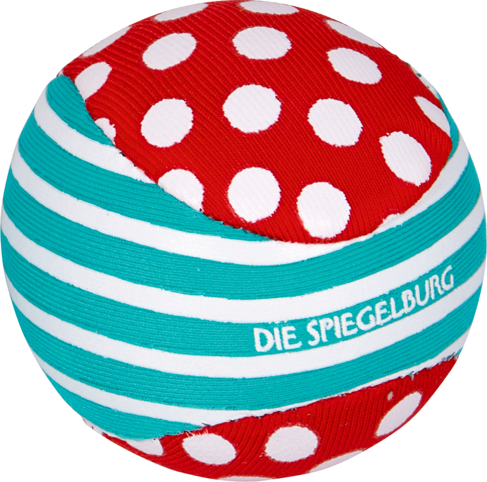 Bunter Stoffball mit rot/weißen Punkten, türkis/weißen Streifen, Aufschrift „Die Spiegelburg“.
