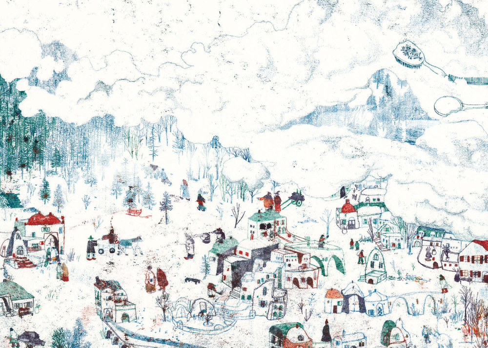 Wunderliches verschneites Dorf mit kleinen Häusern, Bäumen, Menschen und Bergen unter einem bewölkten Himmel.