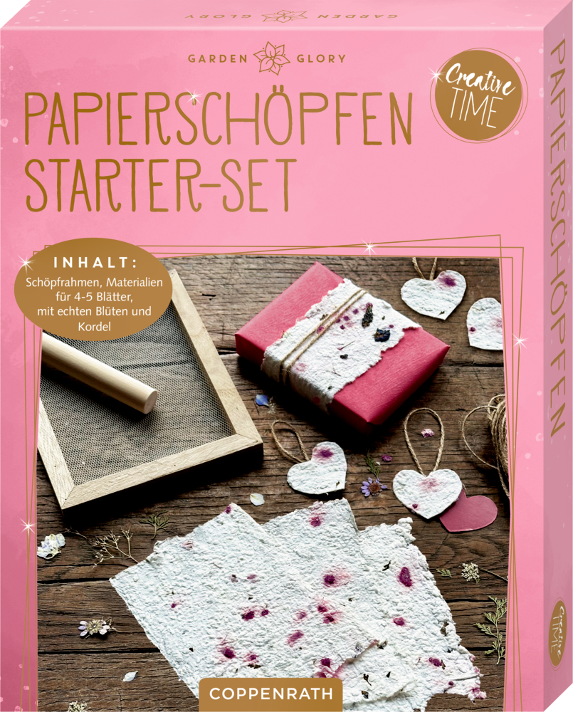Rosa Box mit Bastelset für Papierherstellung, handgemachtes Papier, Rahmen, Kordel und Dekoelemente sind zu sehen.