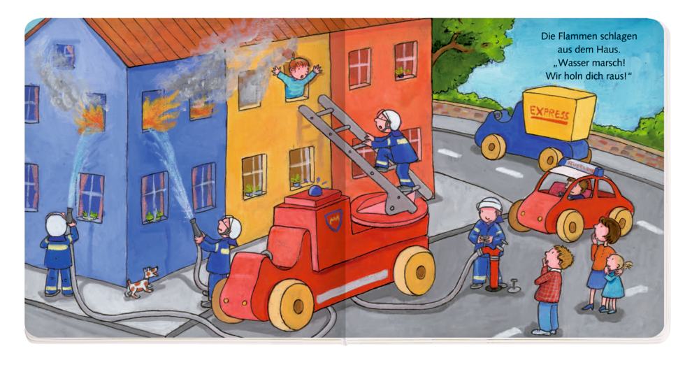 Feuerwehr rettet Menschen und eine Katze aus brennendem Gebäude und löscht die Flammen mit Leiter und Schläuchen.