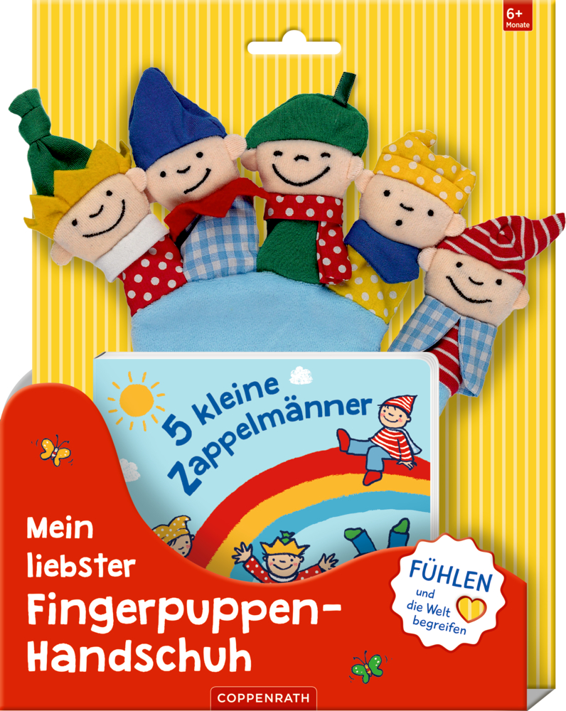 Bunter Fingerpuppenhandschuh mit fünf lächelnden Figuren; passende Verpackung für Kinder ab 6 Monaten.