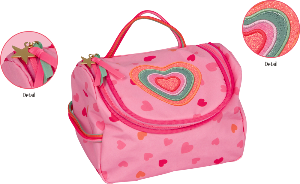 Rosa Kulturtasche mit Herzmuster, mehrfarbigem glitzerdem Herzmotiv auf der Klappe und goldfarbenem Sternanhänger am Reißverschluss.