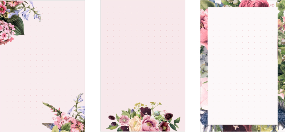 Drei rosa Notizblätter mit dezentem Punktmuster und floralen Rändern aus bunten Blüten und grünen Blättern.