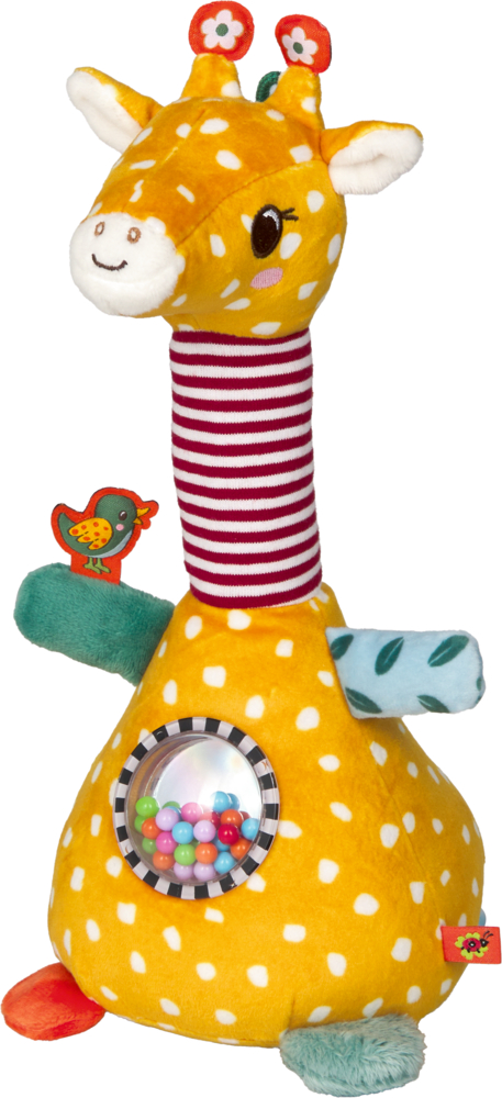 Plüsch Giraffe in Gelb mit gestreiftem Hals, Punkten, bunten Füßen und einer durchsichtigen Rassel am Bauch.