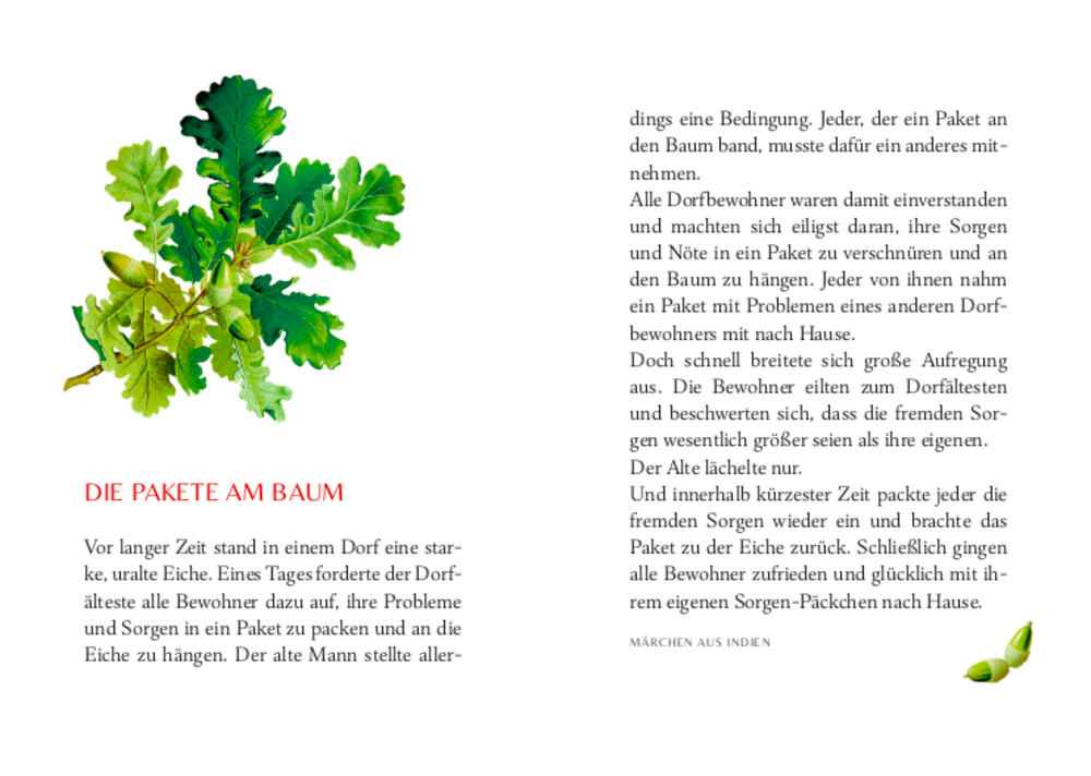 Abbildung: Eichenblätter, Eicheln und Text über ein Dorf und ein alte Eiche.