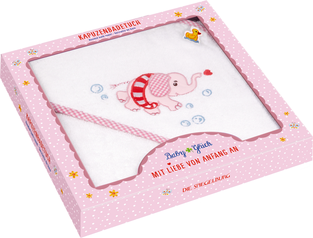 Rosa Box mit Baby-Kapuzenhandtuch, bestickt mit pinkem Elefanten und Blasenmotiv.