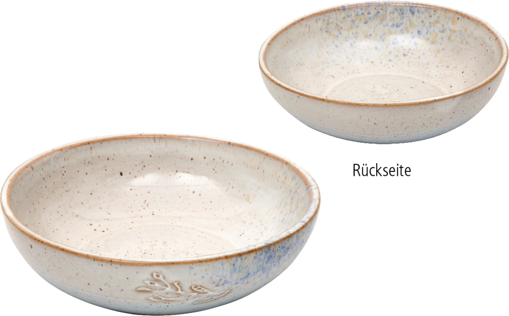 Vorder- und Rückseite einer creme-weißen Keramikschale mit Blumengravur.