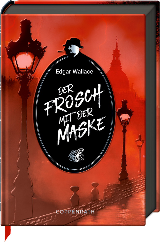 Rotes Buchcover von Der Frosch mit der Maske von Edgar Wallace, Straßenlaternen und einer Schattenfigur.