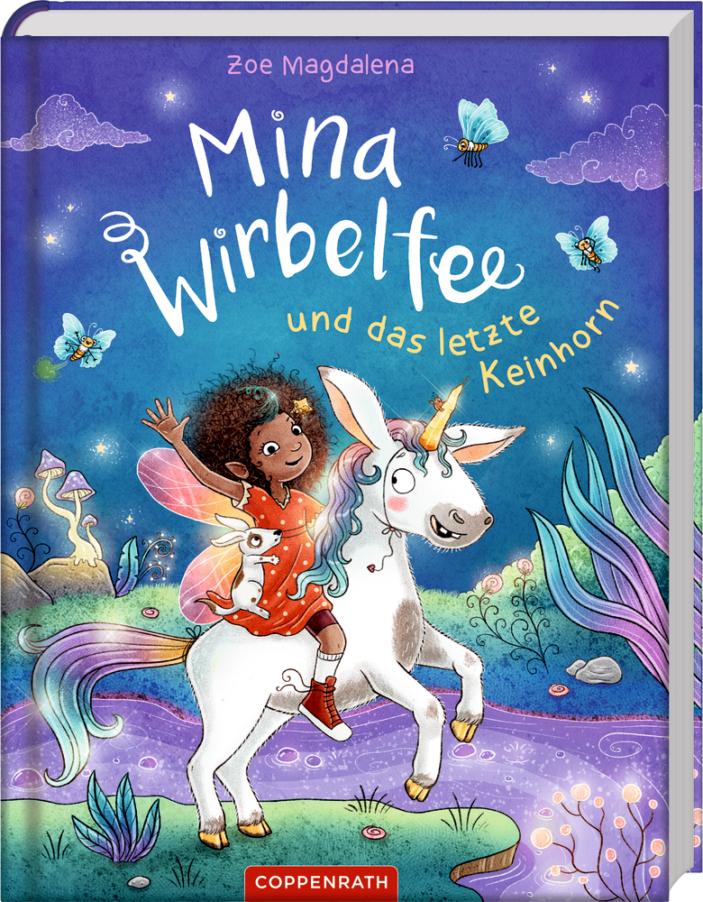 Ein fröhliches Mädchen mit Locken reitet auf einem lächelnden Einhorn durch einen leuchtenden, farbenfrohen Zauberwald, auf dem Cover von "Mina Wirbelfee und das letzte Keinhorn"