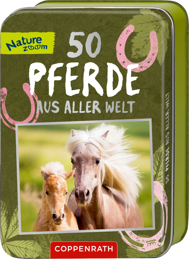 Grüne Blechdose mit der Aufschrift „50 Pferde“ zeigt auf der Vorderseite zwei Pferde und rosa Hufeisenmotive.