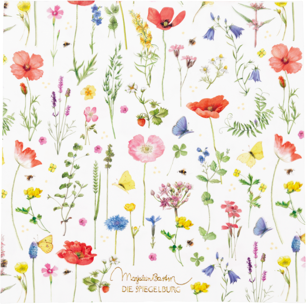 Wildblumen, Schmetterlinge und Bienen auf weißem Hintergrund; unten wird goldener Text angezeigt.