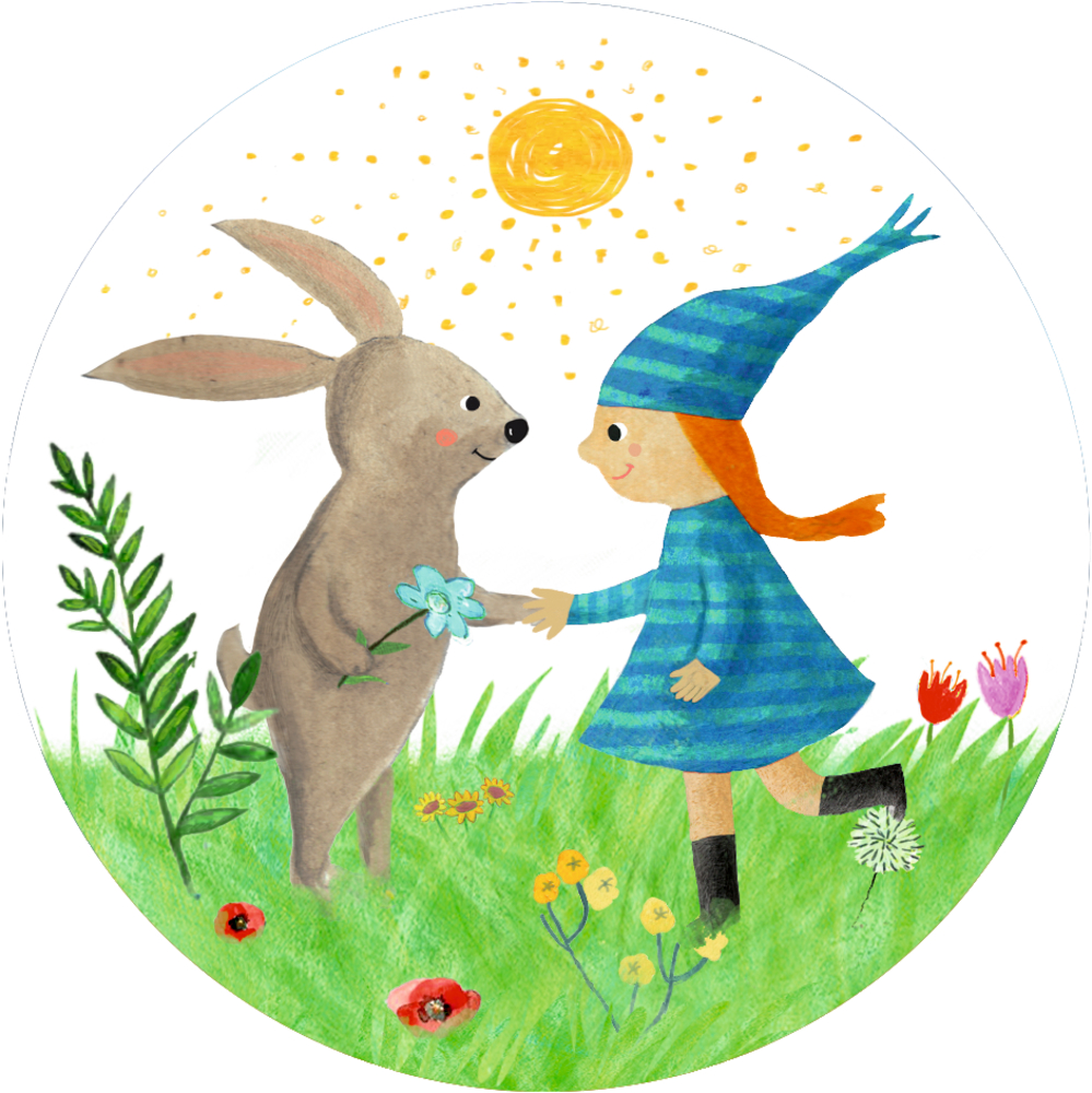 Ein Mädchen in einem blauen Kleid und Hut schüttelt auf einer sonnigen Wiese einem Häschen mit einer Blume die Hand.