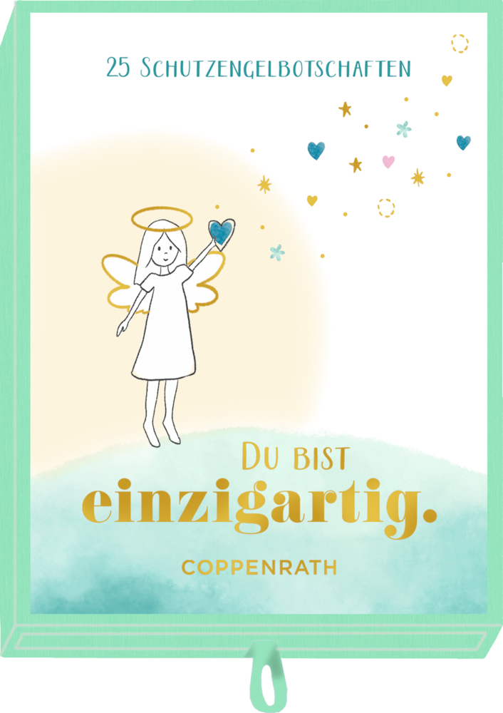 Mintfarbene Box mit gezeichnetem Engel, der ein blaues Herz hält, goldene Sterne und der Text „Du bist einzigartig. 25 Schutzengelbotschaften“.