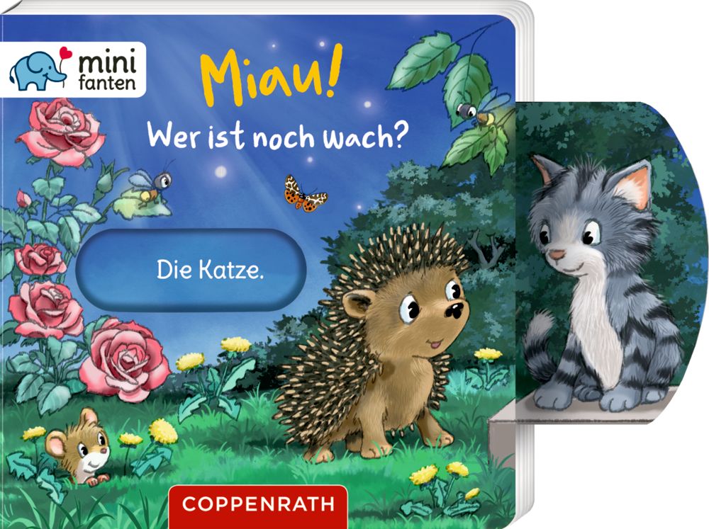 Buchcover mit Illustration eines Igels und einer grau-weißen Katze auf einem herausgezogenen Schieber vor nächtlichem Himmel.