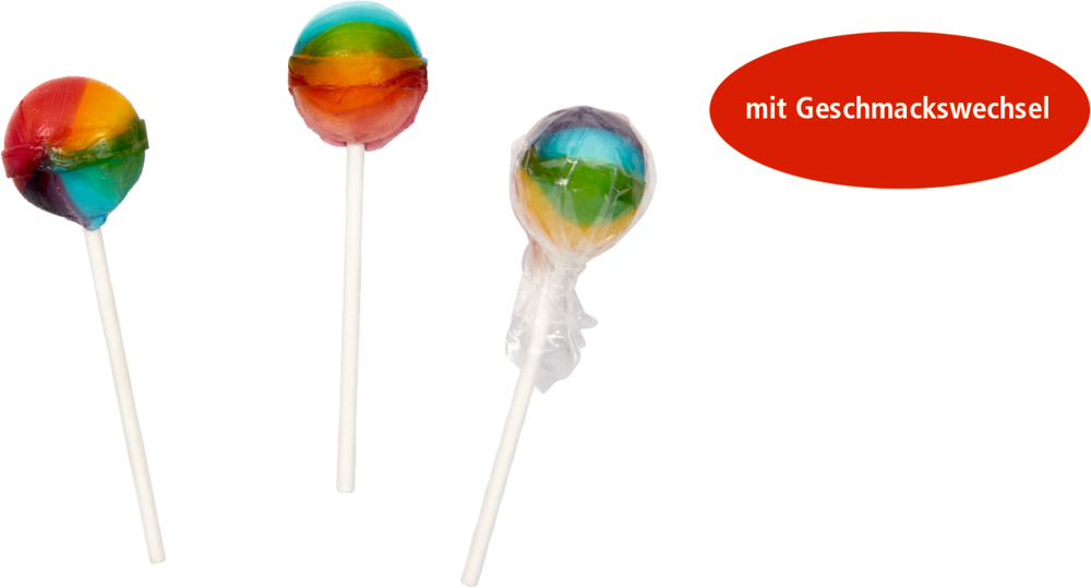 Drei bunte Lutscher mit dem Text "mit Geschmackswechsel"
