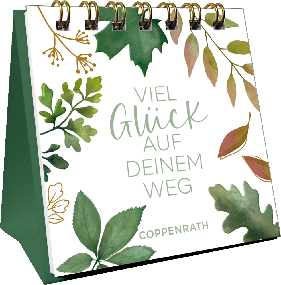 Tischaufsteller mit Spiralbindung, floralem Design und Schriftzug „Viel Glück auf deinem Weg“.