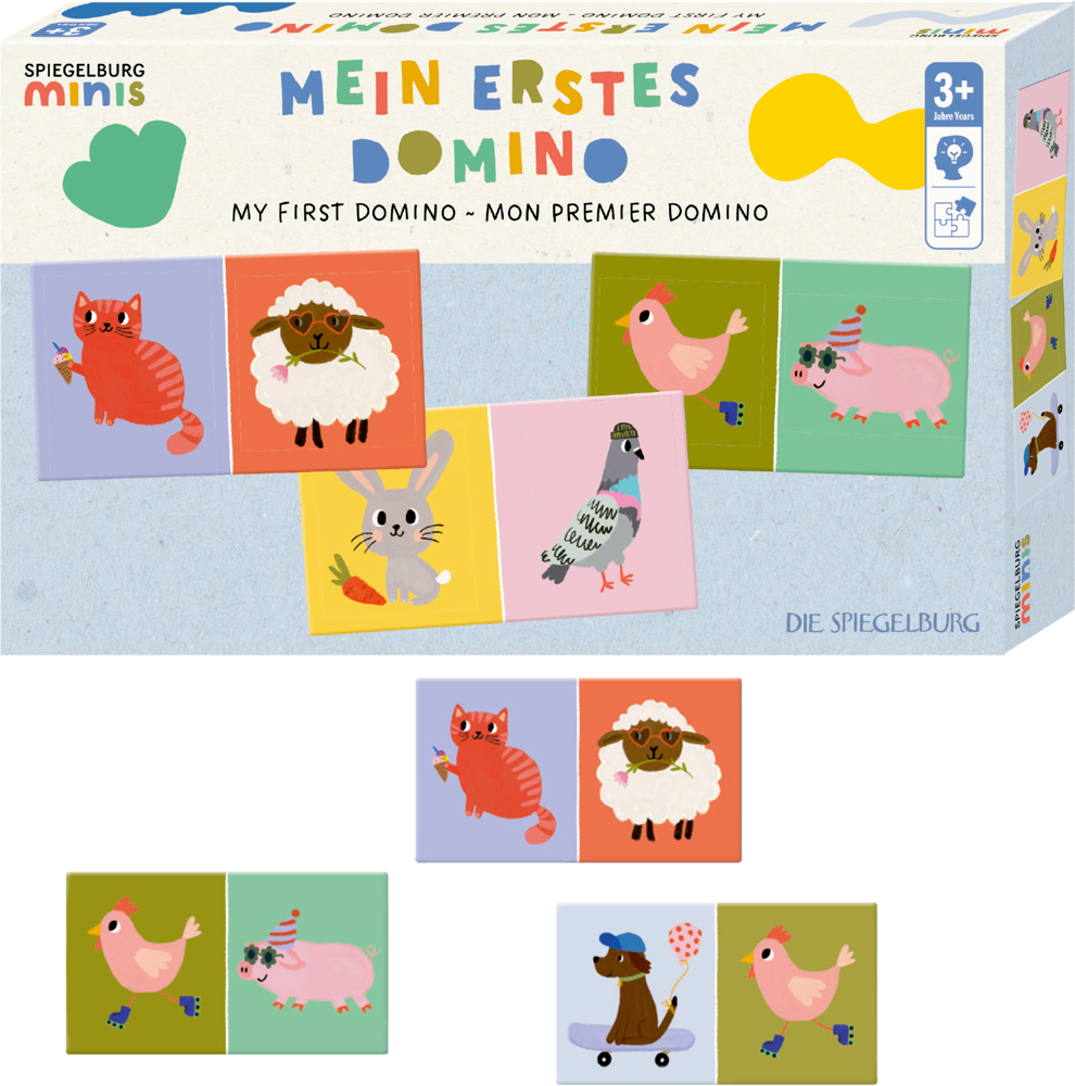 Domino-Spiel mit bunten Tiermotiven, darunter Katze, Schaf, Hase, Taube, Huhn, Schwein und Hund, für Kinder ab 3 Jahren.