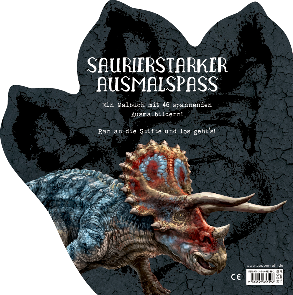 Malbuch-Rückseite in Dinoform mit großem, buntem Dinosaurier mit Hörnern und rauer Haut vor dunklem Hintergrund.