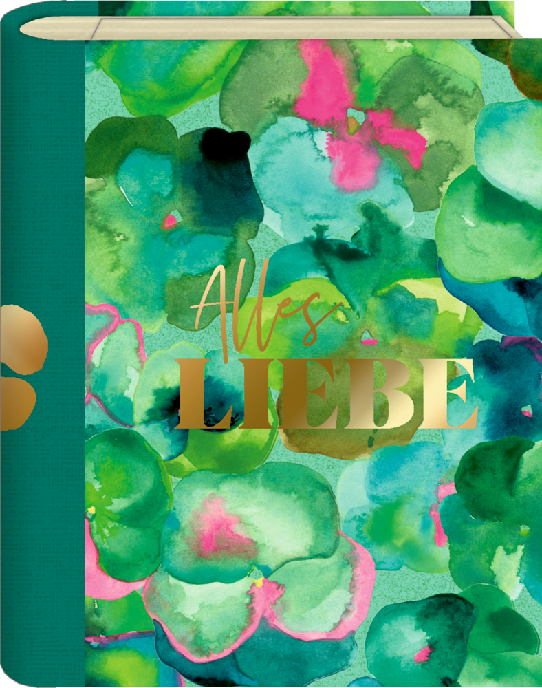 Ein Geschenk-Buch mit geblümtem Aquarellumschlag und goldener Aufschrift Alles LIEBE auf der Vorderseite.