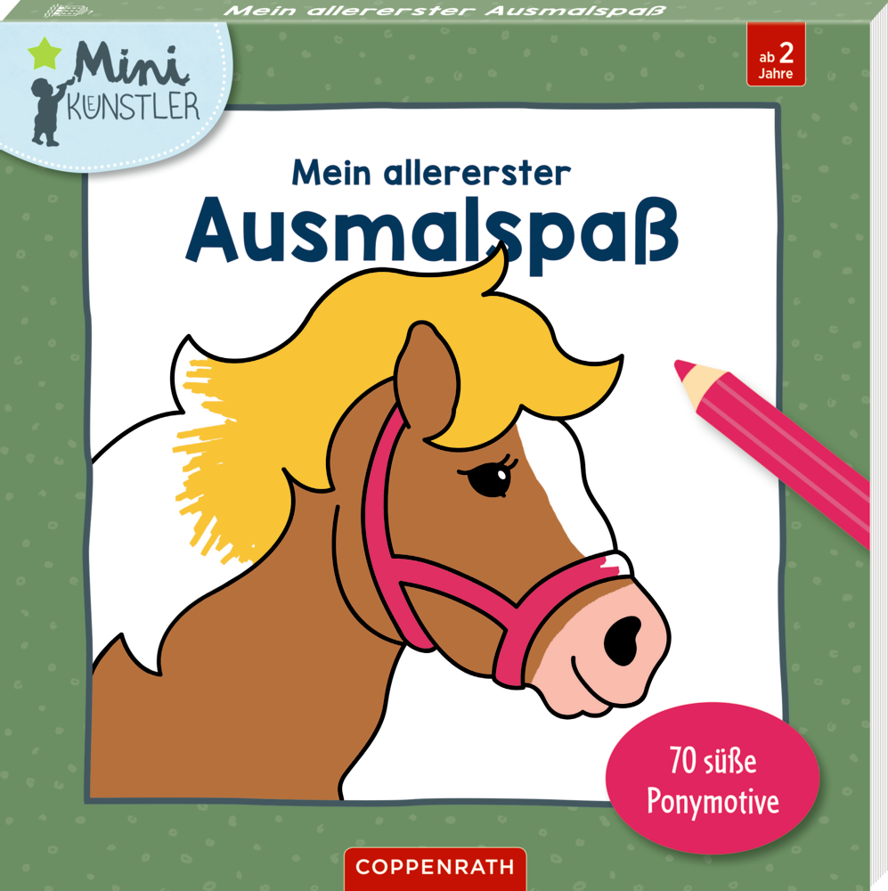 Buchcover mit gezeichnetem Ponykopf, rosafarbenem Buntstift und mehrzeiligem Text.