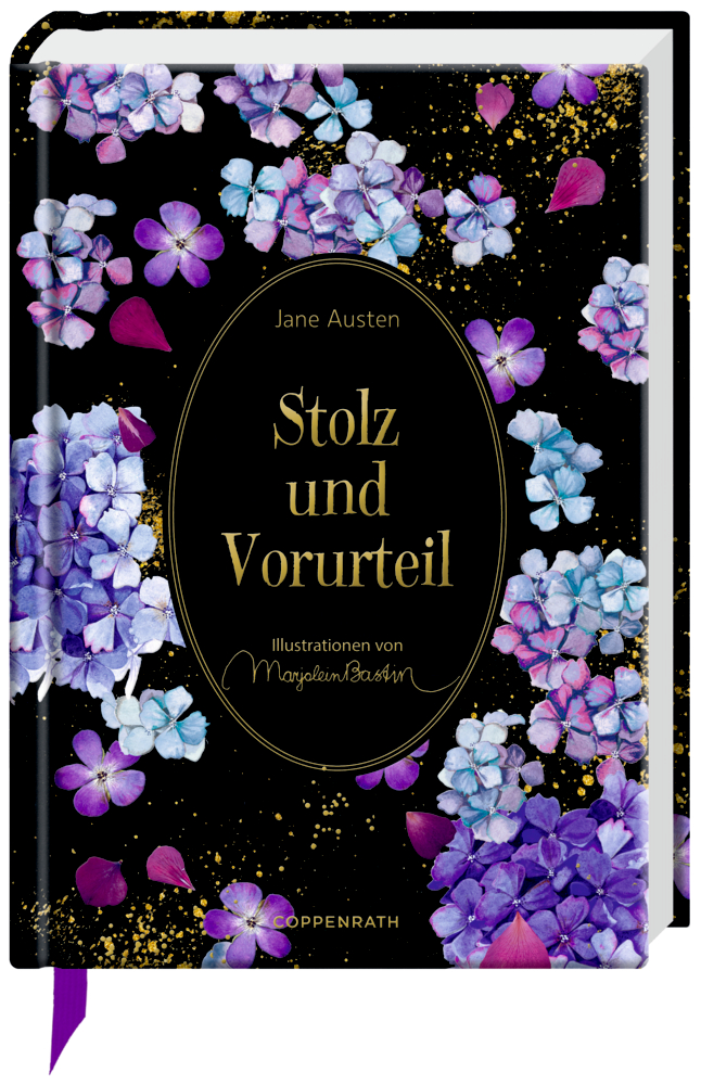 Buchcover „Stolz und Vorurteil“ mit violetten und blauen Blumen auf schwarz-goldenem Hintergrund.