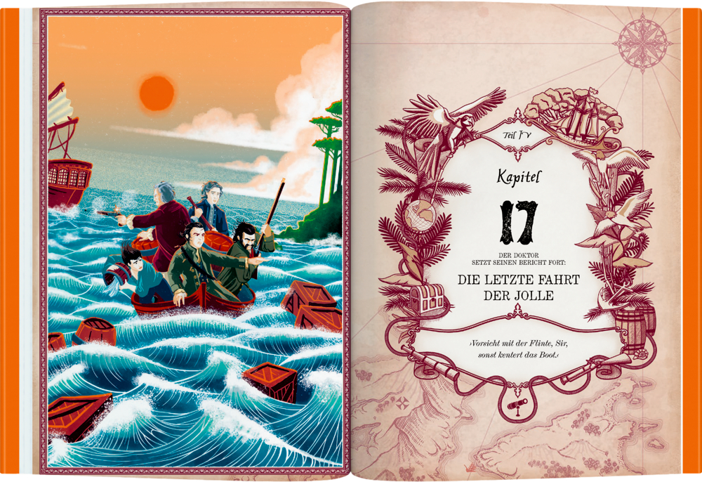 Illustration von fünf Personen in einem Ruderboot auf stürmischer See, neben treibenden Kisten und einem Segelschiff im Hintergrund.