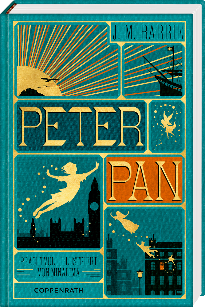 Buchcover „Peter Pan“: fliegende Silhouetten, Big Ben, Sterne, Piratenschiff; Farbschema in Blaugrün und Orange.