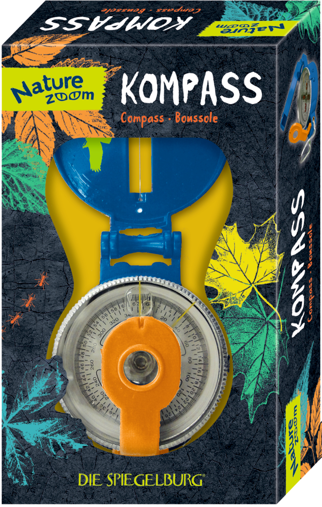 Nature Zoom-Kompass in einer farbenfrohen Box mit Blättermuster und deutschem, englischem und französischem Text.