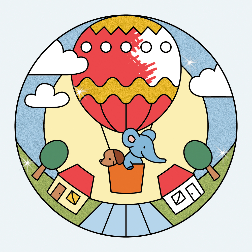 Halb ausgemaltes Ausmalbild mit einem Hund und einem Elefanten in einem HeiÃŸluftballon.