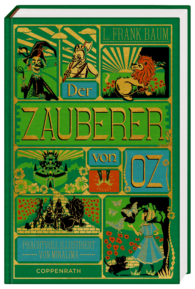 Farbenfroh illustriertes Cover von „Der Zauberer von Oz“ mit Szenen und Figuren auf einem leuchtend grünen Hintergrund.