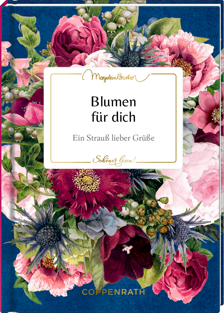 Buchcover mit Titel „Blumen für dich“ auf einem bunt illustrierten Blumendruck in Rosa-, Rot- und Blautönen.